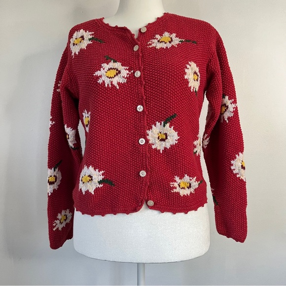 Eddie Bauer Sweaters - Eddie Bauer Vintage Hand Knit Floral Daisy Cotton Cardigan Women's Small